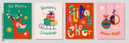 Minimalist Christmas card set with festive decorations and calligraphy. Simple modern holiday vector templates for greeting cards, invitations, and seasonal design projects.