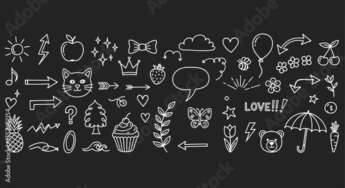 Versatile Collection of Hand-Drawn Chalk Style Doodles and Icons on Dark Background, Perfect for Decorative Elements and Creative Design Projects