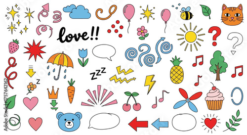Wallpaper Mural A vibrant collection of whimsical hand-drawn doodle elements featuring playful icons, cute characters, nature symbols, and fun graphics for creative projects and unique designs Torontodigital.ca