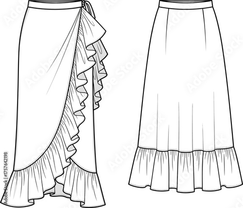 fashion illustration, women skirt design, wrap skirt, ruffle hem, high low style, a line skirt, garment template, technical drawing, apparel sketch, clothing design, couture fashion, sewing pattern,