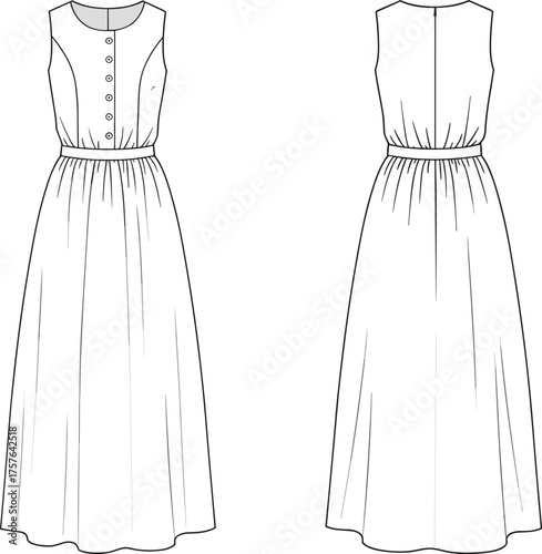technical fashion flat sketch, sleeveless maxi dress design, front and back view, button down bodice, gathered waist illustration, apparel construction template