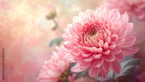 Close-up view of soft pink chrysanthemum flowers in a dreamy, light-filled setting