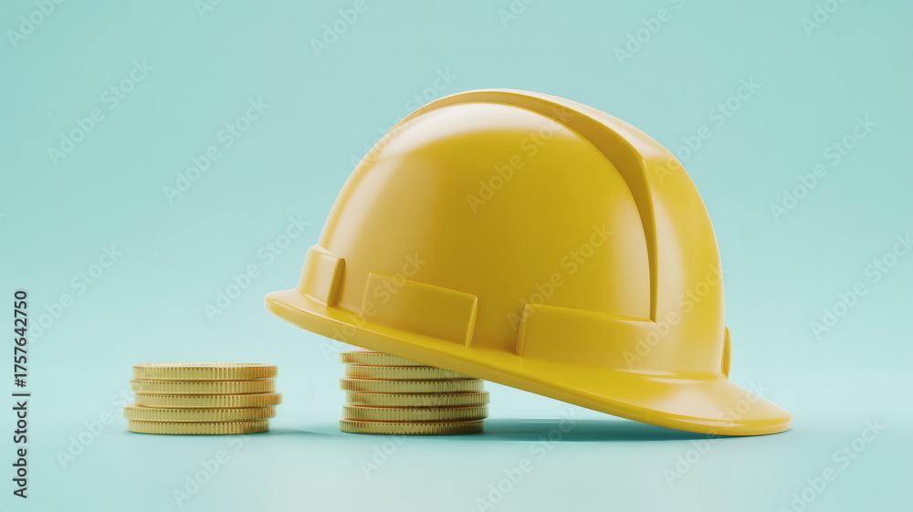 Fototapeta premium Matte Yellow Safety Helmet Resting on Two Stacks of Gold Coins Representing Financial Protection Investment Safety and Future Savings Planning
