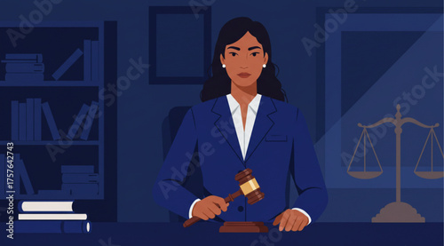 Authoritative Female Judge Holding Gavel in Courtroom Illustration