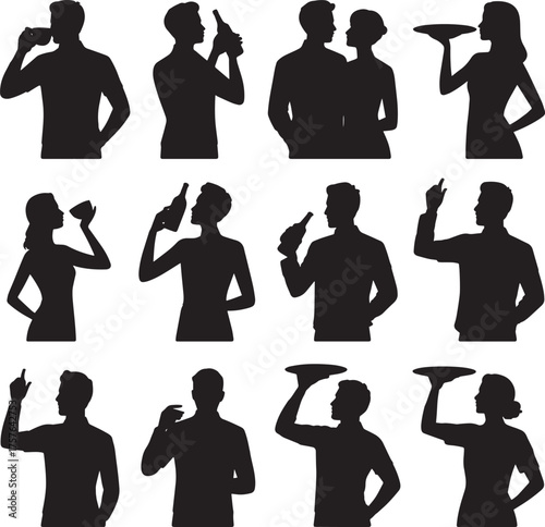 Silhouette Collection People Holding Drinks Conversation Isolated Transparent