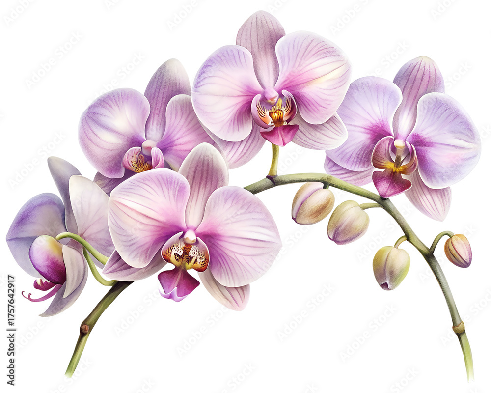 Obraz premium Pink orchid blossoms and buds on a stem isolated on transparent background