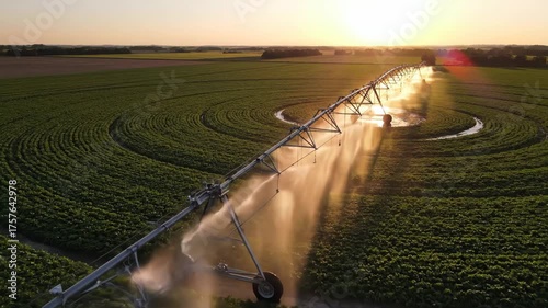 An agricultural irrigation system waters a vast green field in concentric circles at sunset, showcasing modern farming techniques and efficiency