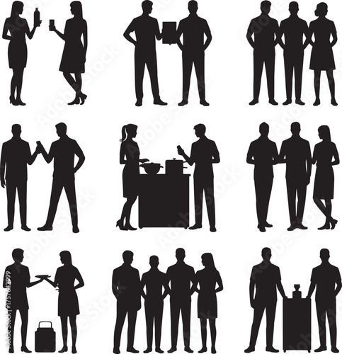 Silhouette Group of Individuals in Various Poses on Transparent Backdrop
