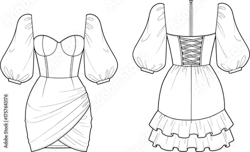 Women’s fashion dress illustration, sweetheart neckline, puff sleeve design, corset lace up back, ruched draped skirt, tiered ruffle hem