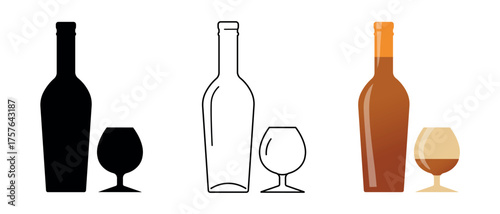 Bar poster, set of alcohol bottle icons, cognac bottles, and glasses, various designs, vector graphics. Bottle outline, silhouette, color flat design, alcohol menu, cognac sales, drinks