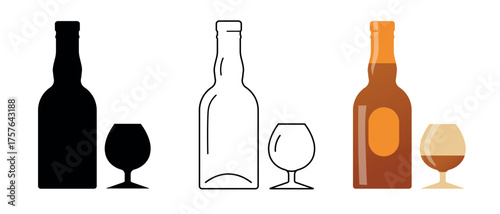 Cognac bottle icons, glasses, various styles, outline, silhouette, flat design icon, bar decor, alcohol sales. Spirits set, minimalism, booze, drink party, premium cognac, drunkenness