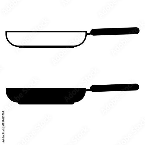 A set of frying pan icons in black and white, perfect for cooking-related designs, food preparation illustrations, and kitchen-themed projects.