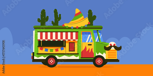 Colorful Mexican Food Truck with a sombrero hat and cactus on top in a desert with blue background