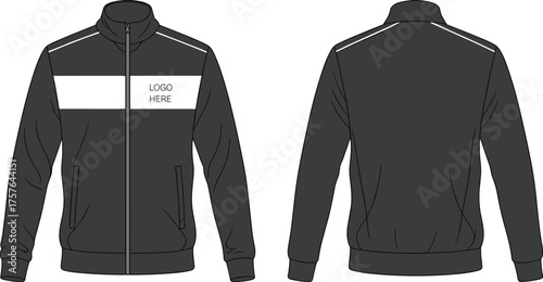 Zip up jacket flat sketch, long sleeve design, high collar style, ribbed cuffs and hem, fashion technical drawing, vector garment illustration