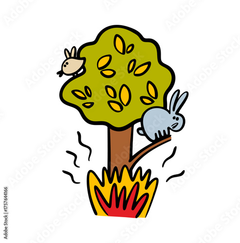 Doodle fire in the forest. Vector illustration of animals escaping from a fire in a tree. Disaster. The unfortunate hare and birds in nature are in danger.