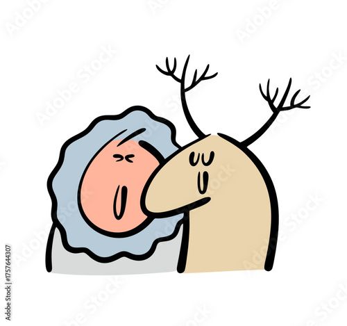 Funny man from the northern people in a warm fur coat hugs a pet. Doodle friendly deer and a cartoon stickman at the zoo or in nature. Winter cold.