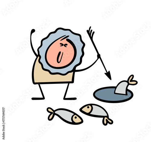 Eskimo in  warm fur coat and  fur hood  fishing in cartoon ice hole. Vector illustration of winter fishing on   ice of  lake or river. Northern man with spear, traditional hunting.