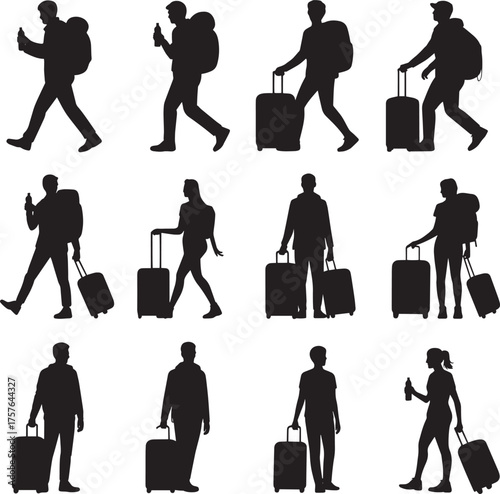 Travelers with Suitcases and Backpacks Vector Silhouettes Group of People Tour Business Tourism