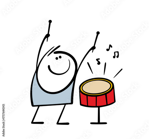 Doodle satisfied teenager taps a drum with sticks, plays a march in a musical group. Vector illustration of a cartoon stickman and a musical instrument.