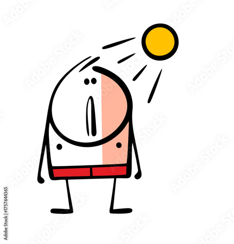 Cartoon unhappy stickman on the beach and an uneven tan. Vector illustration of a child in swimming trunks, the sun. The man suffered a sunburn or stroke.