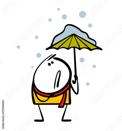 Cartoon confused stickman looks at the snowfall. Vector illustration of a man with an umbrella and a snowdrift. Autumn surprise, bad weather.