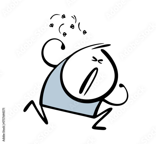 Unfortunate stickman is running away from harmful flies. Vector illustration of cartoon bees, poisonous beetles flying. Chasing  scared boy.  Poor child is waving his arms in panic.