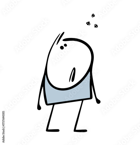 Doodle confused man looks up at swarm of flies. Vector illustration of harmful insects flying, circling in the air overhead. Scared cartoon boy.
