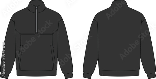 Pullover jacket flat sketch, half zip design, long sleeve apparel, high collar style, ribbed cuffs and hem, vector garment template illustration