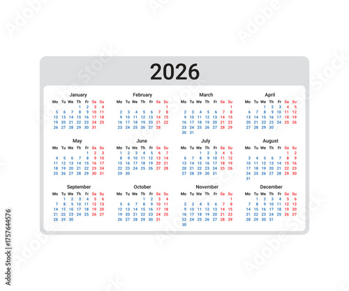 2026 Calendar Grid With Months And Days Of The Week On Transparent Background