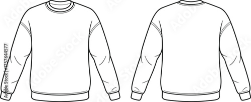 Crewneck sweatshirt flat sketch, long sleeve design, ribbed cuffs and waistband, classic round neckline, fashion technical drawing, vector garment template illustration