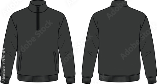 Pullover jacket flat sketch, half zip design, long sleeve apparel, ribbed cuffs and hem, fashion technical drawing, vector garment template illustration