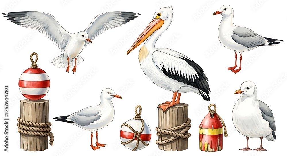 Obraz premium Seagull and pelican with buoy isolated on white background, nautical theme for summer vacation and seaside decor