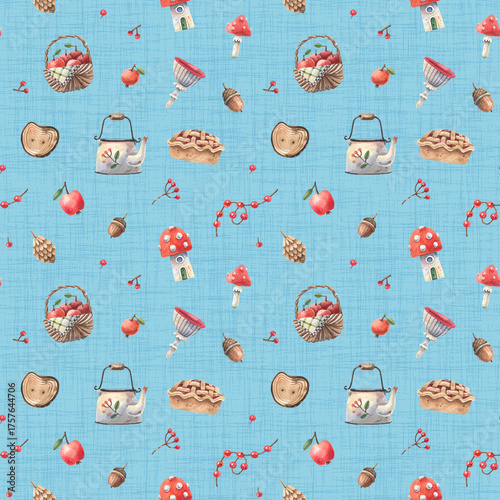 Cozy Picnic Pattern with Mushrooms, Strawberries, and Baskets on Blue Background