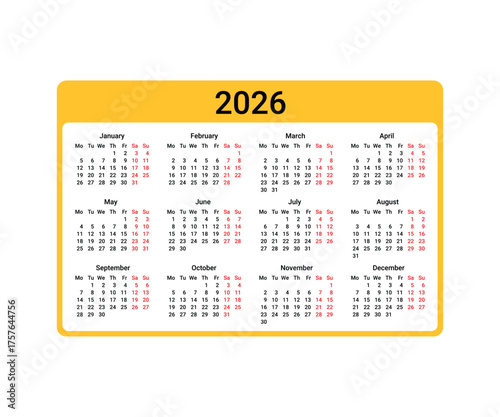 2026 Calendar Grid With Months And Days Of The Week On Yellow Background On Transparent Background