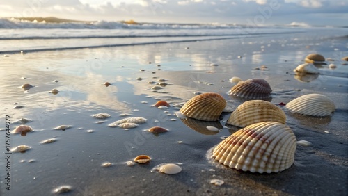 Group of seashells scattered on a wet beach at low tide, reflections and tiny ripples around them, natural light realism