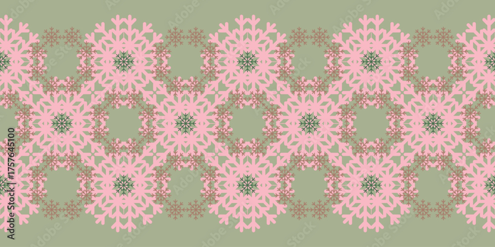 Fototapeta premium Colorful Christmas seamless vector pattern Border with pink and orange snowflakes on green. Geometric texture for wrapping paper, greeting cards, invitations, gift boxes and web background.