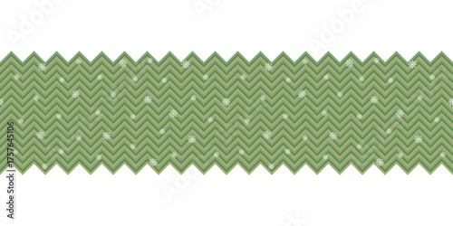 Winter seamless pattern Border with white snowflakes on green striped chevron background. Christmas vector pattern for wrapping paper, textile and paper prints, invitations and gift paper bags.