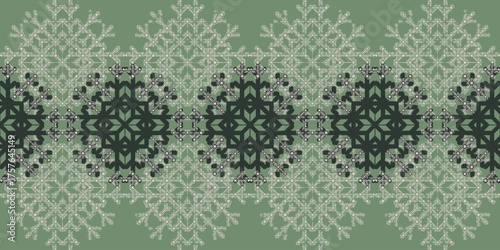 Christmas seamless snowflake texture Border on green background. Beautiful seasonal pattern for wrapping paper, greeting cards, invitations, gift boxes and home decor.