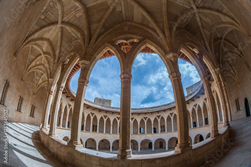 Inner yard of the Circular Gothic Bellver Castle (Castillo de Bellver) built by architect Pere Salvà in 1300-1311 for King James II of Aragon and Majorca, Palma de Mallorca, Spain