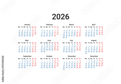 2026 Annual Calendar Layout With Red Sundays and January On Transparent Background