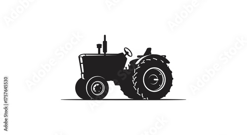 Classic agricultural tractor depicted as a bold black silhouette against a clean white background symbolizing farming and rural life silhouette