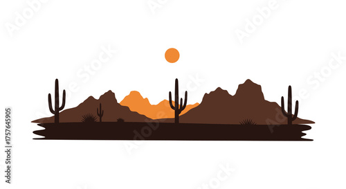 Desert landscape silhouette with saguaro cacti and mountains under a warm sun silhouette