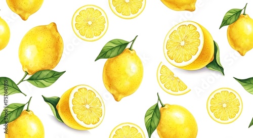 Seamless pattern of fresh lemon fruit with leaves isolated on white background for textile and wallpaper