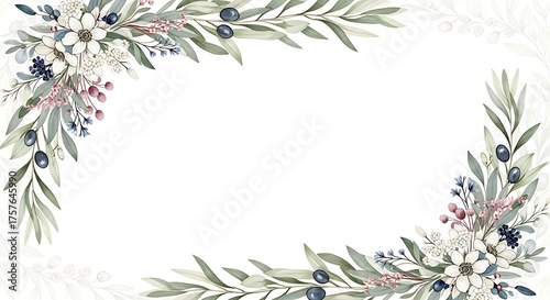 Watercolor olive branch frame with white flowers isolated on white background for invitation or greeting card design