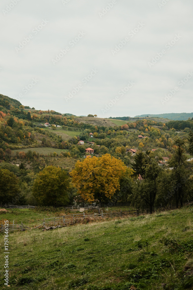 Obraz premium Scenic view of rolling hills with village houses and trees in warm autumn colors under cloudy sky in rural Serbia