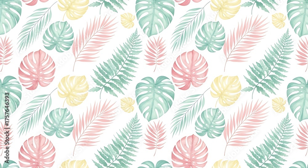 Fototapeta premium Seamless watercolor pattern with tropical leaves isolated on white background monstera, palm, fern leaves in pastel colors