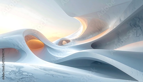 Abstract Futuristic Landscape with Organic Shapes and Warm Light.