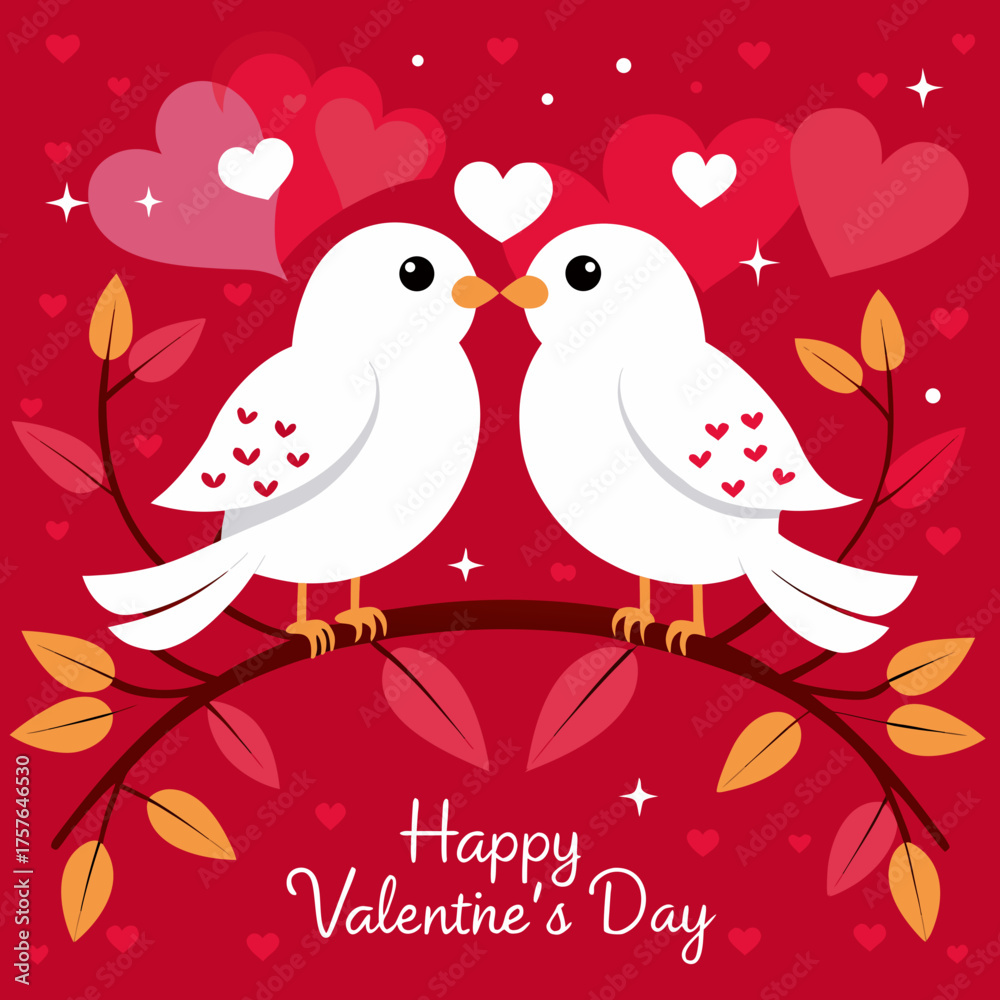 Obraz premium Two white birds on a branch with valentine's day hearts and message