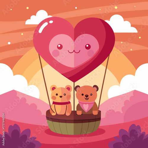 Adorable teddy bears enjoy romantic hot air balloon ride heart illustration