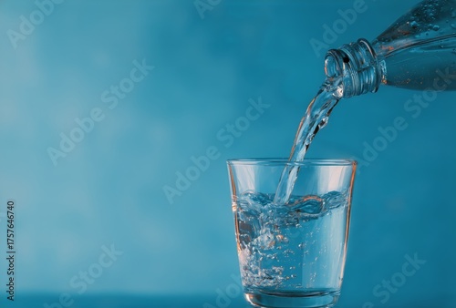 Pouring Fresh Water Into a Clear Glass With a Calming Blue Background